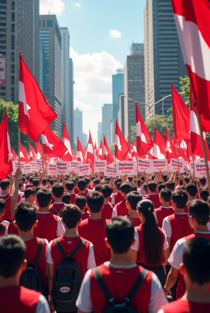 Students are holding a large-scale demonstration while carrying red and white flags and carrying signs that say WES REMOK REMOK.