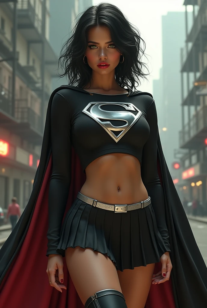 A BUSTY SEXY FEMALE WITH MEDIUM LONG MESSY BLACK HAIR, DREAMY GREEN EYES, WEARING A ONE PIECE BLACK SUPERGIRL TOP WITH A BIG SHINY SILVER "S" EMBLEM ON HER CHEST, A PLEATED SHORT BLACK SKIRT WITH A SILVER LEATHER BELT, LONG BLACK BOOTS WITH SILVER TRIM, AND A LONG BLACK CAPE. RED LIPSTICK, RED FINGERNAILS. INCREDIBLY DETAILED GLOWING SKIN, INCREDIBLEY DETAILED FACE, INCREDIDBLEY DETAILED CLOTHING, TEXTURED SKIN PORES, TEXTURED HAIR, 8K ABSURD RESOLUTION, MASTERPIECE. PHOTO REALSITIC, HYPER REALISTIC. CHAOTIC BACKGROUND. 16K RESOLUTION. PREFESSIONAL GRADE IMAGE.