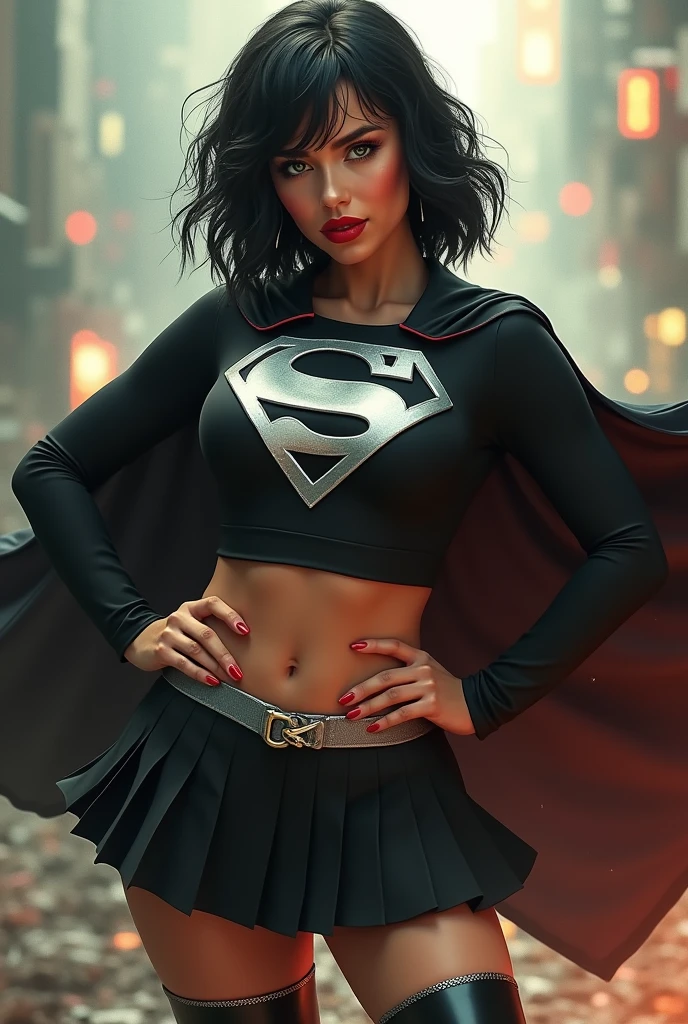 A BUSTY SEXY FEMALE WITH MEDIUM LONG MESSY BLACK HAIR, DREAMY GREEN EYES, WEARING A ONE PIECE BLACK SUPERGIRL TOP WITH A BIG SHINY SILVER "S" EMBLEM ON HER CHEST, A PLEATED SHORT BLACK SKIRT WITH A SILVER LEATHER BELT, LONG BLACK BOOTS WITH SILVER TRIM, AND A LONG BLACK CAPE. RED LIPSTICK, RED FINGERNAILS. INCREDIBLY DETAILED GLOWING SKIN, INCREDIBLEY DETAILED FACE, INCREDIDBLEY DETAILED CLOTHING, TEXTURED SKIN PORES, TEXTURED HAIR, 8K ABSURD RESOLUTION, MASTERPIECE. PHOTO REALSITIC, HYPER REALISTIC. CHAOTIC BACKGROUND. 16K RESOLUTION. PREFESSIONAL GRADE IMAGE.