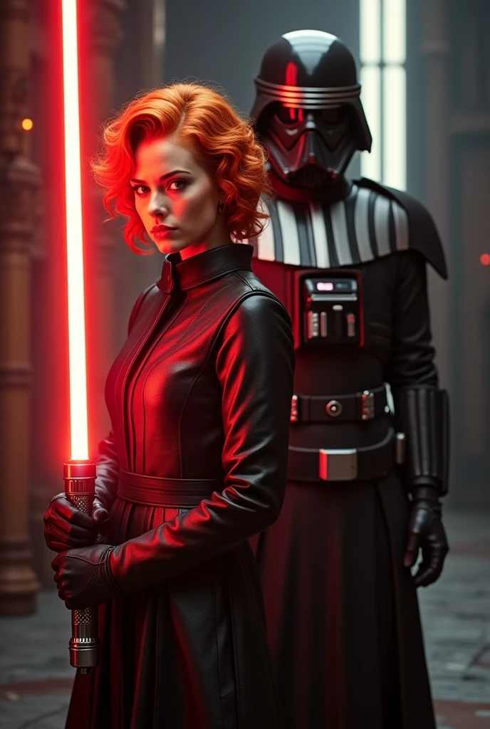 Star Wars Empress orange redhead woman with short curly hair holding a red lightsaber next to General Hux