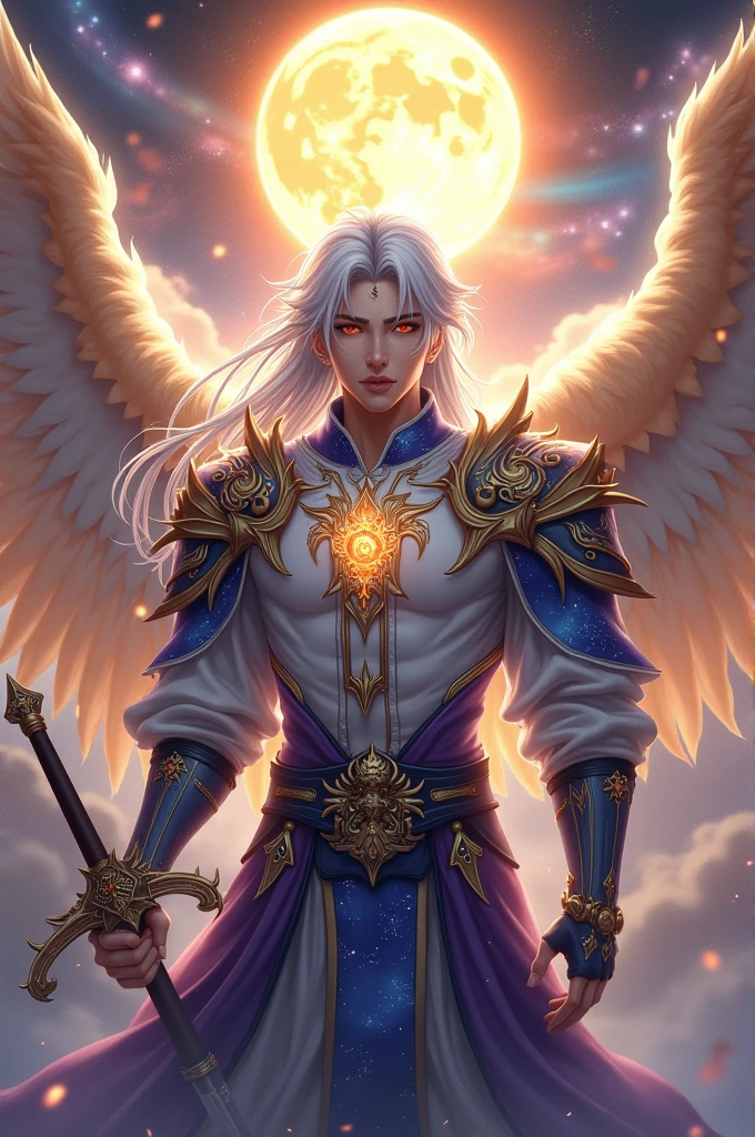 Handsome young xianxia protagonist,man,guy,long silver hair, Crimson red and golden amber eyes combination ,and long silver hair with white undertone,and the golden rune motiv scratched on his forehead,use armour featuring like pattern on furr of white Tiger chinese with purple and white dominant color,pauldron protective shape like dragon head,breastplate featuring like azure dragon head,breastplate detailed azure dragon head shape,shoulder protective dragon shape like head red and blue,sun and moon and nebulae circling at the background,nebula destruction detail,the tassel of the armour like river of galaxy,open Abs, combination of azure and white dominant color,white dominant color, white dominant color armour,with majestic purple line ,held mystical sword, And majestic golden wings at back,wings at back,terrifying aura around,24K ultra hd,face and eyes detail,lips and face detail,masterpiece ,better quality