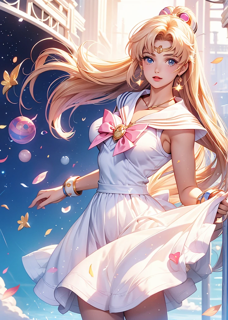 masterpiece、top-quality、ultra-detailliert、(Chibi Chara's Daughter:1.2)、Extreme Detail CG Unity 8K Wallpapers、masterpiece、top-quality)、(exquisite lighting and shadow、highly dramatic picture、Cinematic lens effect)、(sailormoon:1.1)、A charming smile、double tails、blue eyess、blonde hair、tight top、white glove、a miniskirt、dynamicposes)、The background is space(excellent details、Outstanding lighting、wide angles)、(Excellent rendering、Enough to stand out in its class)、