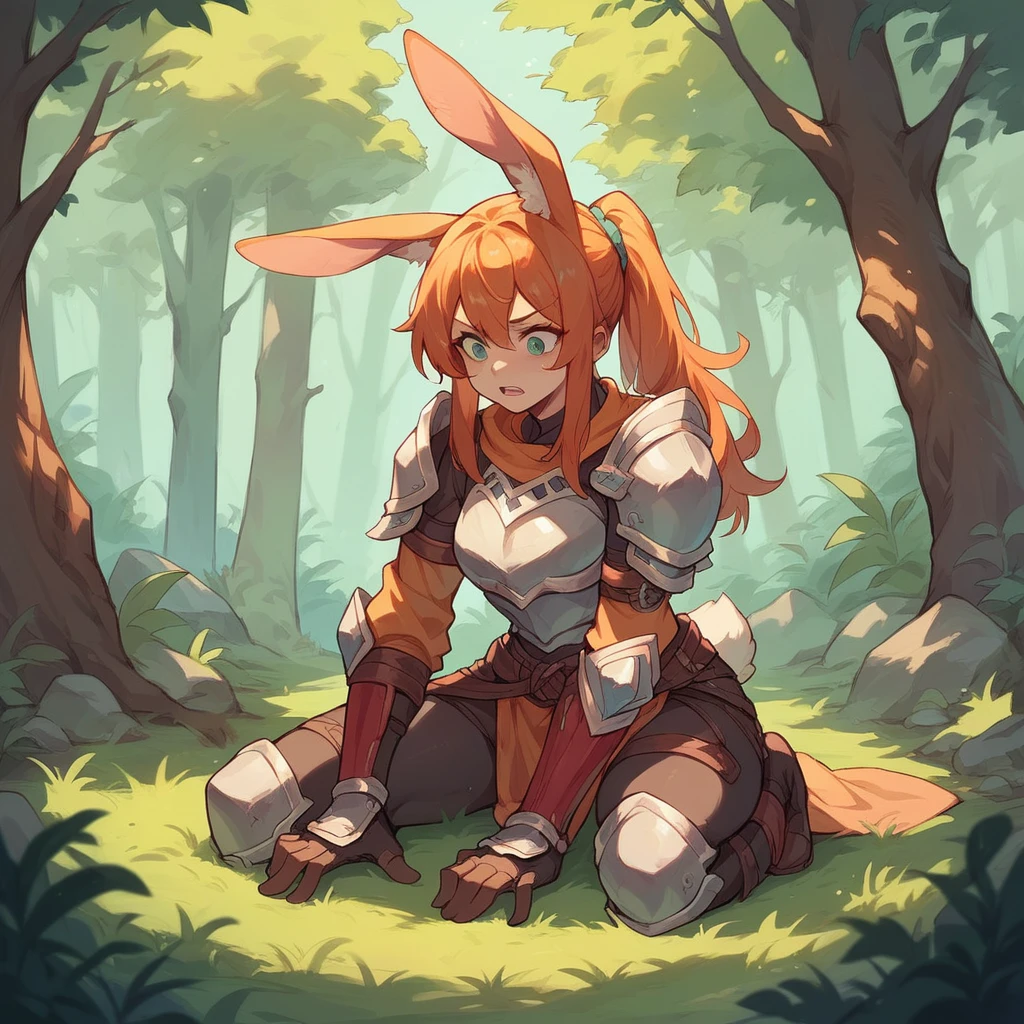 A female bunny kemonomimi scout with armor on is sneaking in a forest. she has orange hair