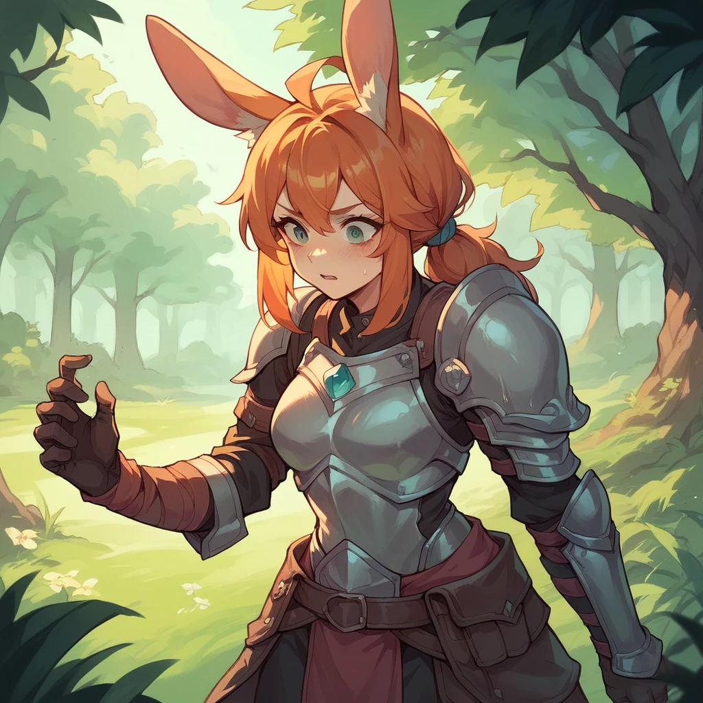 A female bunny kemonomimi scout with armor on is sneaking in a forest. she has orange hair