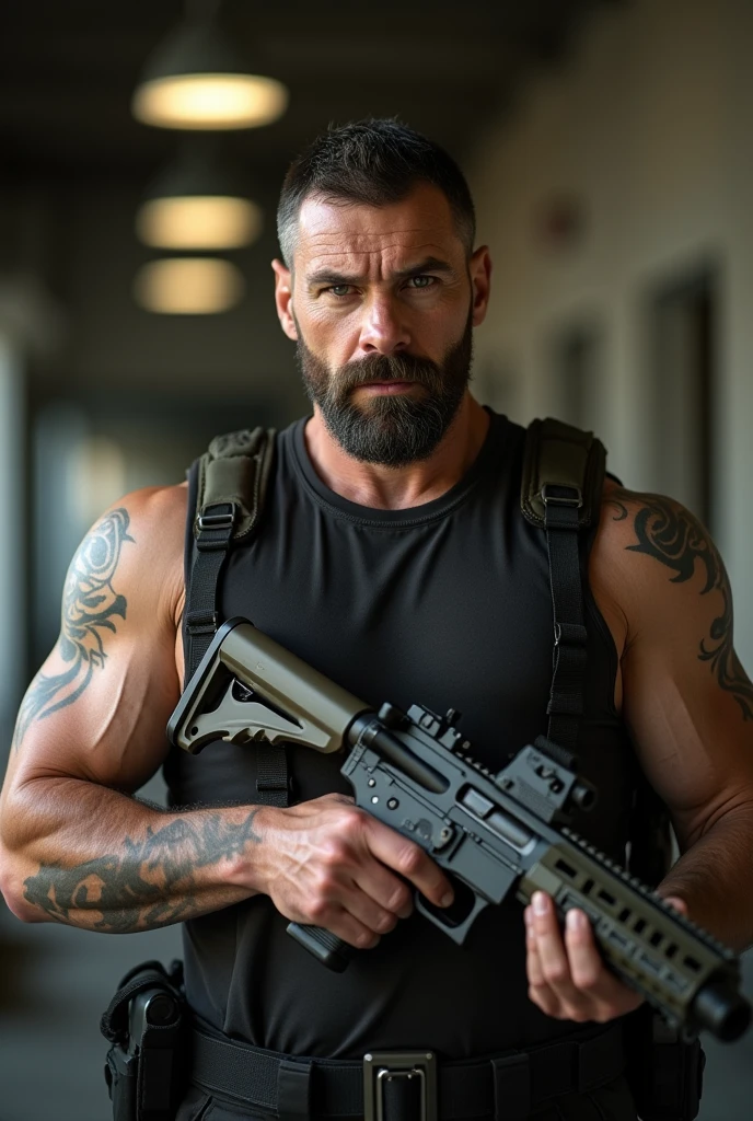 handsome, handsome man, tough man, 40 year old man, ex-soldier, ex-special forces soldier, faded hair, faded haircut, very short hair, beard, dark mustache, thick mustache, short beard, thick beard, muscular, muscles, abs, thick neck, huge man, large man, husky man, handgun, holding handgun, trimmed beard, thick beard, pecs, black tank top, ultrarealistic, well-lit, good lighting, soft lighting, 8k