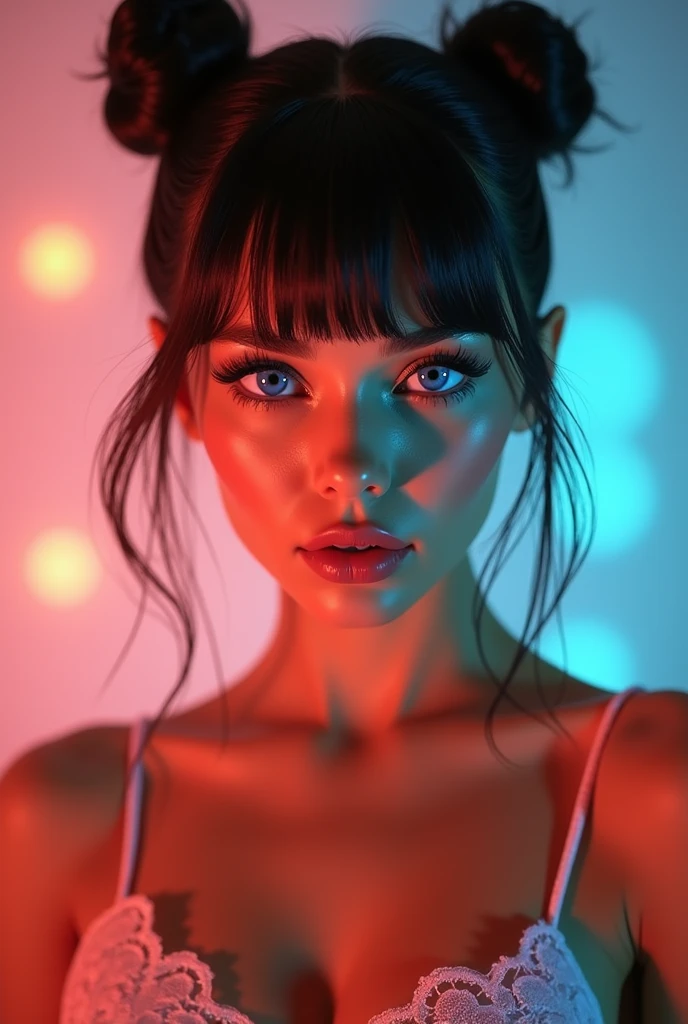 Mexican A beautiful pale-skinned Latina , eyes blue, full body, perfect body, two buns, straight bangs, (best quality,4k,8k,highres,masterpiece:1.2),ultra-detailed,(realistic,photorealistic,photo-realistic:1.37),HDR,UHD,studio lighting,ultra-fine painting,sharp focus,physically-based rendering,extreme detail description,professional,vivid colors,bokeh,portraiture,glamour,sensual,alluring,wear mexi, in style of Retna, full body