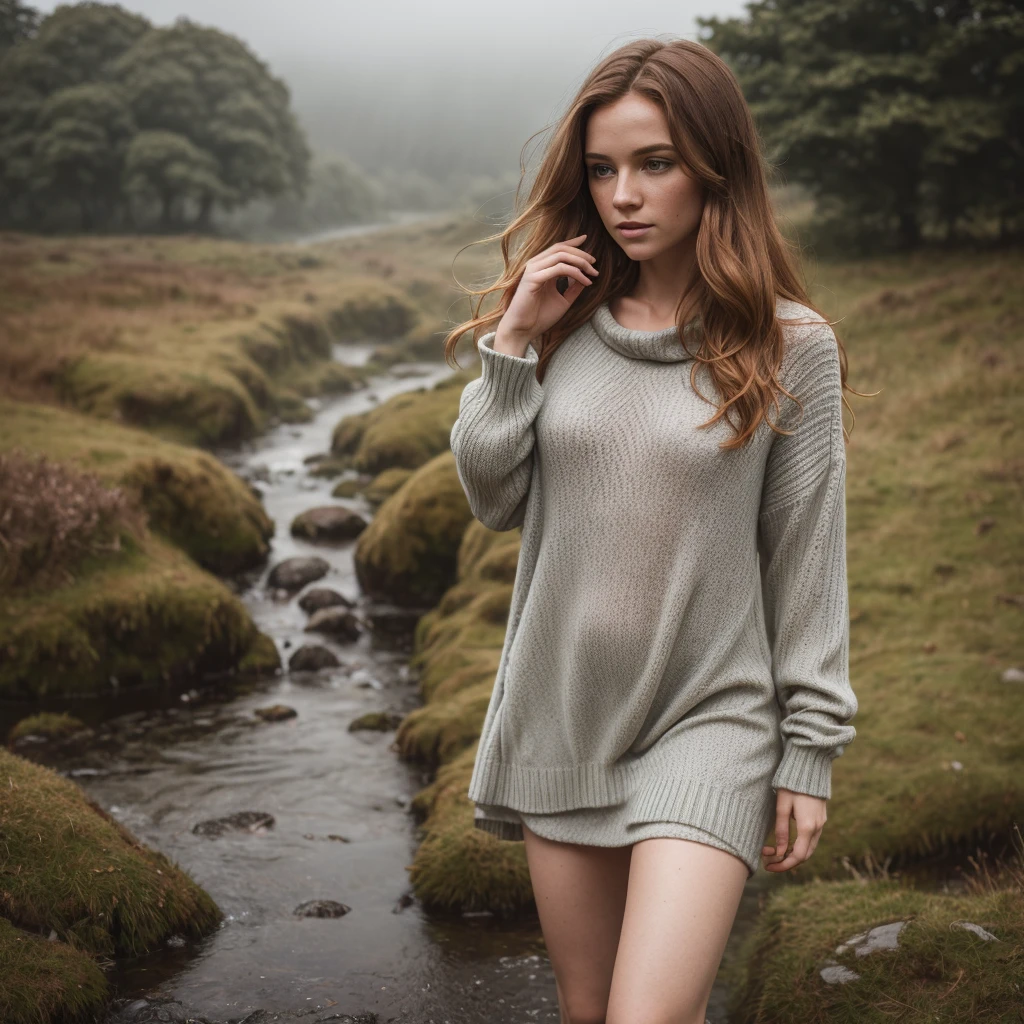 Craft a compelling AI-generated narrative that paints a picturesque scene of a captivating Irish 1 wet girl wearing Irish sweater, boots, dress and raincoat, walking with grace beneath the rain in the enchanting Connemara moor. Infuse the prompt with details that capture the essence of her attire, the rhythmic patter of raindrops, and the seamless blend of her presence with the lush, misty landscape, creating a timeless and evocative visual experience, Aesthetic artwork, irish, wavy ginger hair, shoulder length hair, hair in the wind, gray eyes, light grey eyes, pale skin, freckles, A-cup, small breasts, runners body, wet (textured skin, skin pores:1.1), goosebumps, (extremely detailed 8k wallpaper), natural lighting, high quality, film grain, Fujifilm XT3 sharp focus, f 5.6, 50mm, High Detail, Sharp focus, crazy details, complex details, hyperdetailed, wet