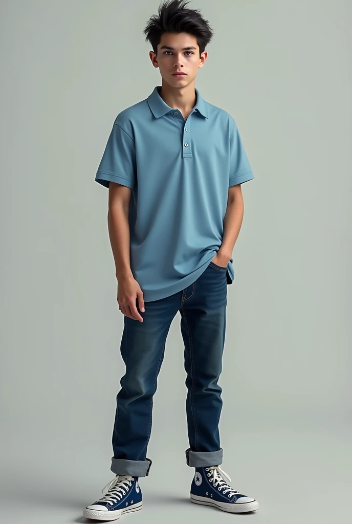 A 19 year old boy 5,11 white polo shirt with light blue jeans and blue converse dark wolf cut mullet hair and black eyes and masculine features skinny but athletic build