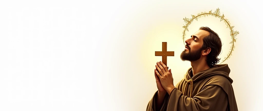 Create a high-quality image of Saint Francis of Assisi on a white backdrop by wearing a simple brown habit with a three-knotted rope belt. His hands display stigmata. He is portrayed in a moment of prayerful ecstasy, holding a small wooden cross. Includes intricate golden details highlighting his aura and spiritual glow, with delicate golden details throughout the scene to enhance the divine connection generated image of Saint Francis of Assisi with golden details, white PNG background and no animals around. He is represented with a partially bald head, but still with hair on the sides, and on the right a small crucifix in a posture of devotion.