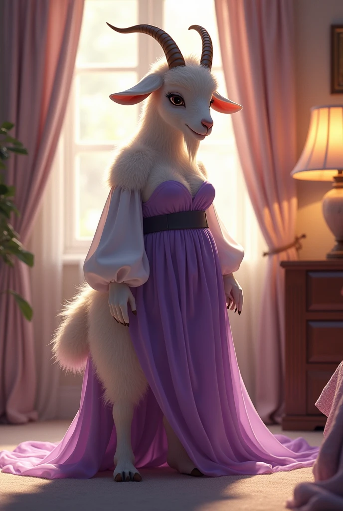 [toriel], [Undertale], [Uploaded to e621.net; (Pixelsketcher), (wamudraws), (woolrool)], ((masterpiece)), ((HD)), ((high red)), ((solo portrait)), ((low angle view)), ((back view)), ((waist up)), ((detailed fur)), ((detailed shading)), ((beautiful render art)), ((intricate details)), {anthro goat, plump figure, white fur, white nose, (short goat horns), short fluffy tail, (curvy hips), (beautiful legs), (beautiful feet), (black expression)}, {(long purple dress), (long white sleeves)}, {(squatting), (unaware of viewer), (looking away)}, [ambient lighting, bedroom, lamp table, light rays] https://suno.com/song/ef42f896-ac2d-4417-b1d1-65c5f5d10984