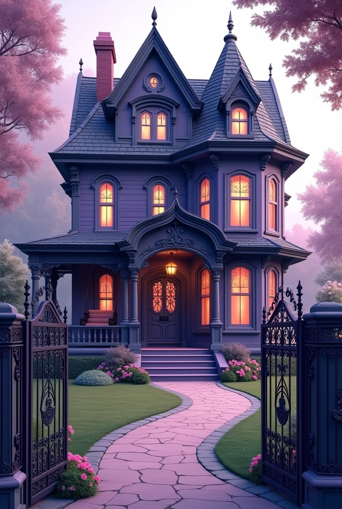 Semi-victorian, light purple and black home with a peak roof, wrap around porch and swing in the front. Two floors and an attic with a beautiful big gothic door. A long walkway lined with a whimsical garden leading to the opening irony gates that have their own beautiful pattern