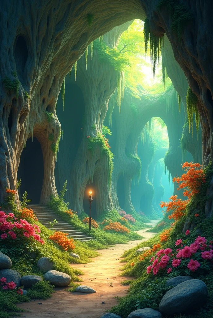 generates a cave background for a fairy tale with green and brown color without water more lively more anime colorful animated WITHOUT FUNGUS