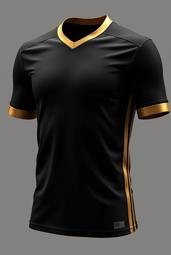 A professional football shirt, Elegant and retro style, black and with gold parts like on the sides, the neck, and the end of the sleeves, without shield, with a gold collar and a sporty look