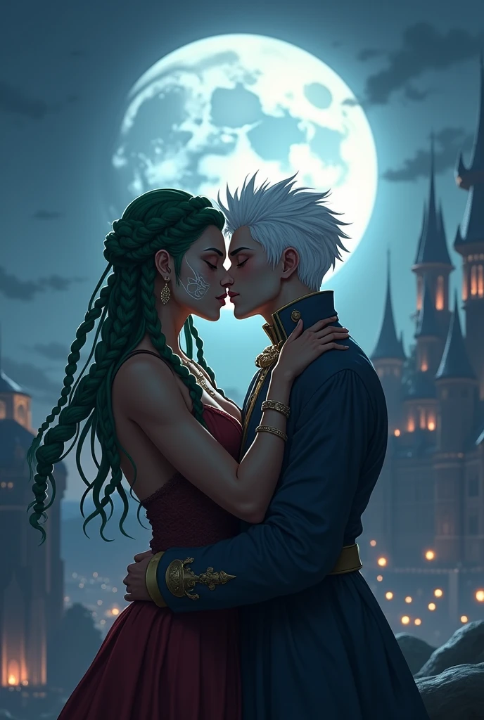 A moon centered over a kingdom with two men kissing in the background, one is black with vitiligo marks on his face and has braided green hair and the other has white hair