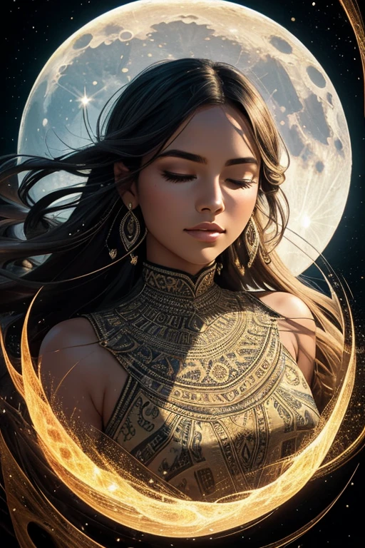 A savannah filled with swirling colors and intricate patterns, a textured woman with a black and white background portrays a scene in a spacious and pristine desert. Her face, a full moon, shimmers in the sun, glittering with ethereal features. Her eyes are closed, and her gaze is filled with the radiant energy of a serene expression. Her face, a flat but beautiful shade, illuminates her features with a radiant aura. She wears a bowtie and an iridescent beard, and her eyes are closed, reflecting the dark light at her feet. In this image, a stunning scene with a flowing, mesmerizing, beauty-filled atmosphere fills the air.