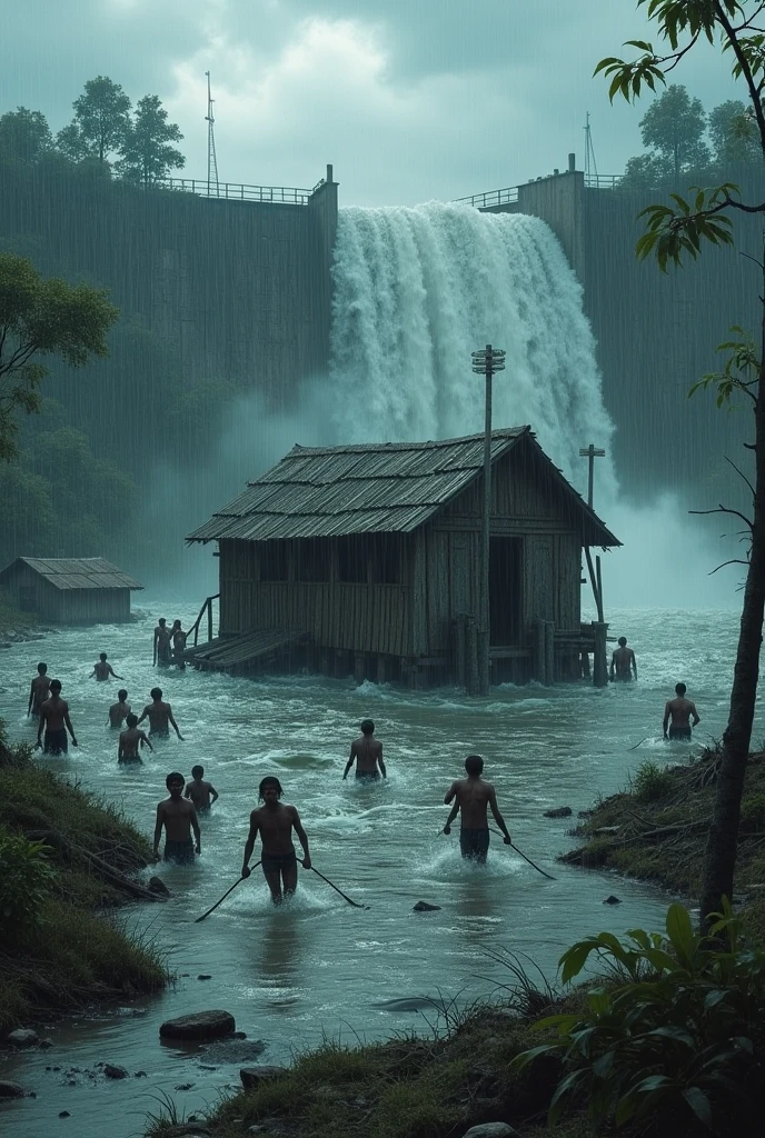 A village building, hut, many people, men, women, children drowning inside the water because of the flood water. Rain is coming from the dark cloudy sky above. Behind a dam from where the water is continuously falling from where this flood is caused.