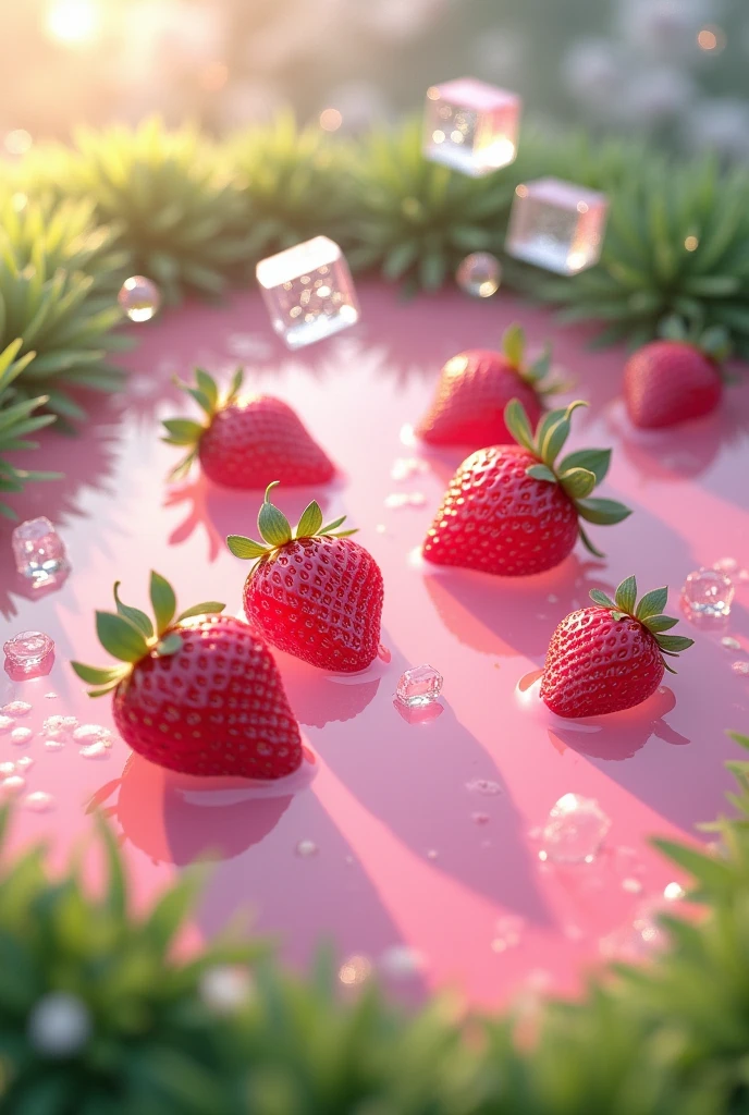 Pink strawberries in pink water and helly like transparebt ice cubes on green spring grass. Make it 3d and fantastical yet realistic 