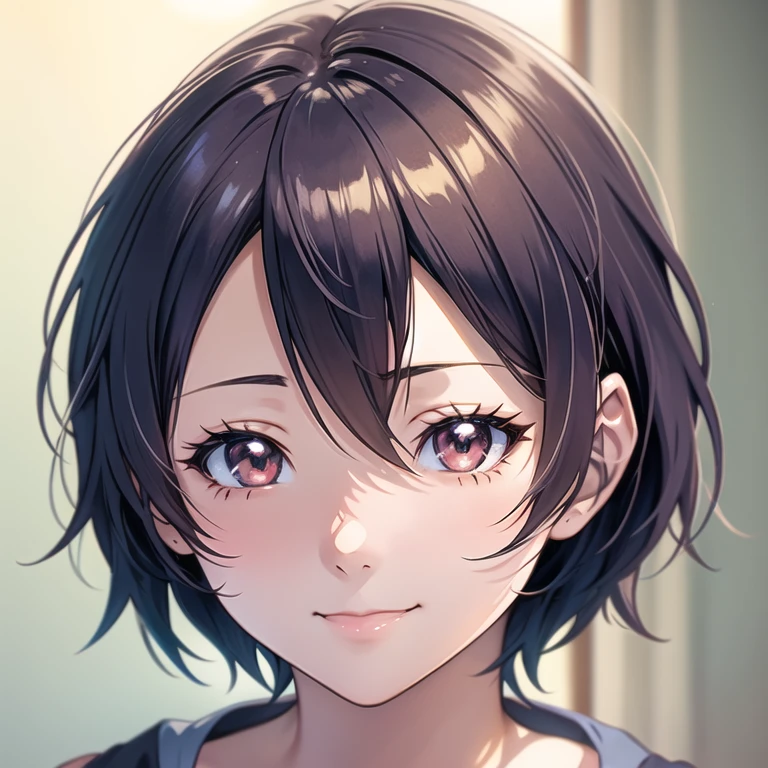 A picture of a short-haired girl smiling, Anime Sketch, Beautiful anime outline, Young Anime Girl, Anime Shading), Semi-realistic anime style, Detailed anime soft face, Female anime style, Anime style painting, Realistic anime face, Subtle anime style, Face Anime Portrait, Flat anime shading, Anime Shading, His cartoon portrait, Clean and detailed anime style、Anime drawings inspired by Masami Yuuki,