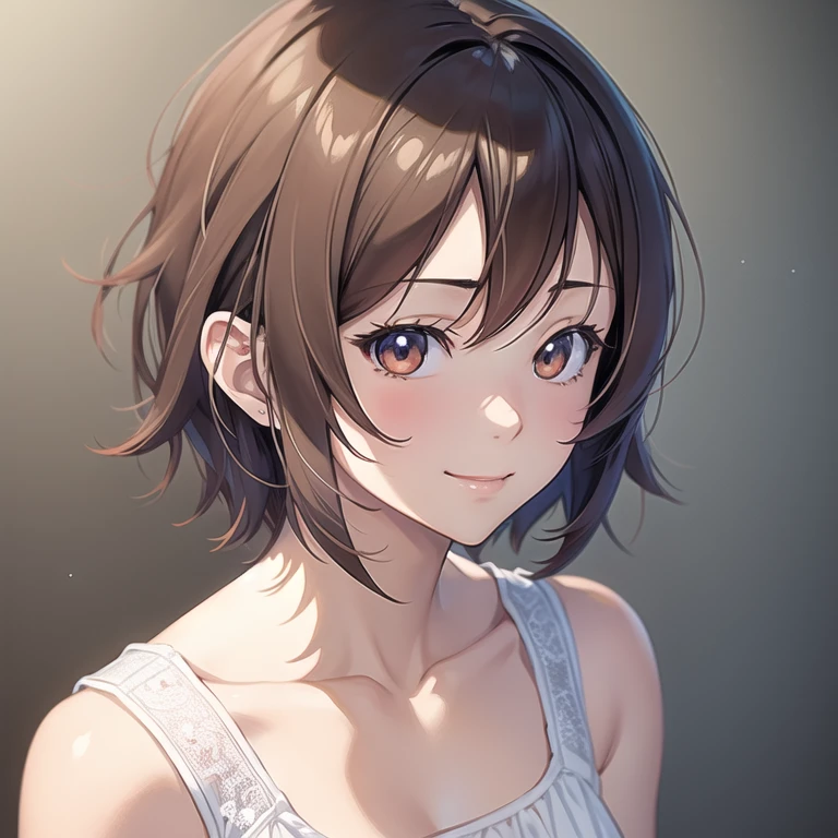 A picture of a short-haired girl smiling, Anime Sketch, Beautiful anime outline, Young Anime Girl, Anime Shading), Semi-realistic anime style, Detailed anime soft face, Female anime style, Anime style painting, Realistic anime face, Subtle anime style, Face Anime Portrait, Flat anime shading, Anime Shading, His cartoon portrait, Clean and detailed anime style、Anime drawings inspired by Masami Yuuki,