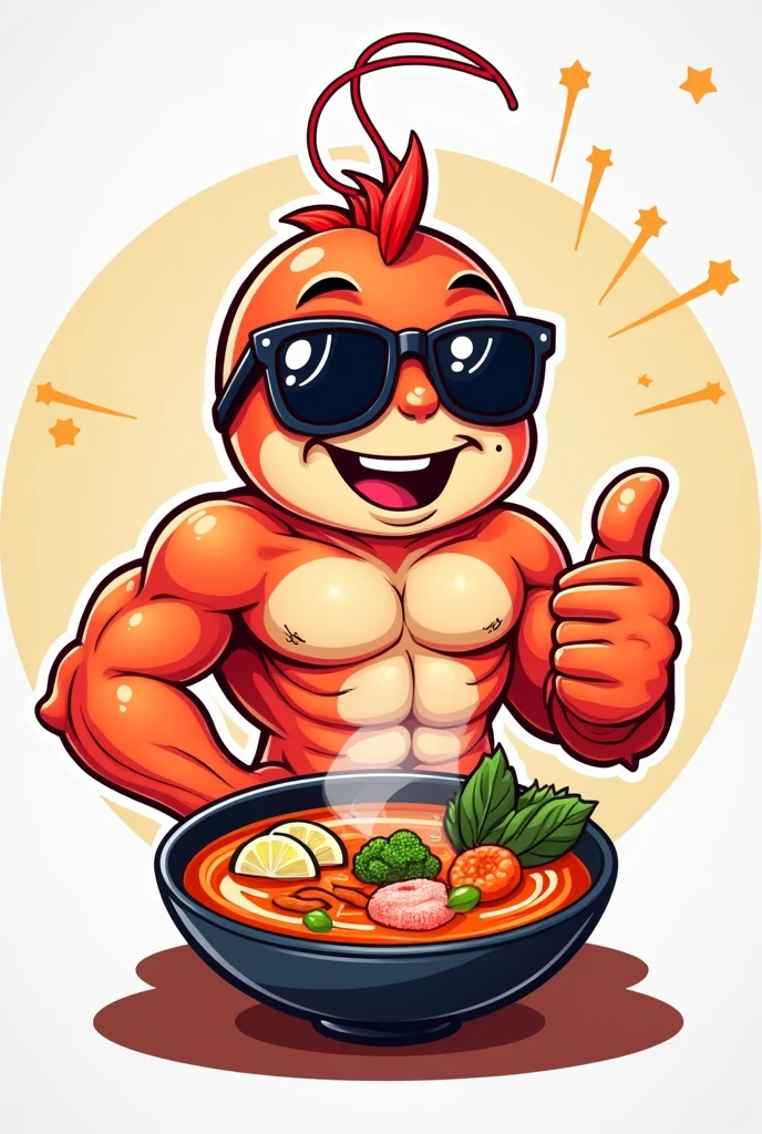 Create a striking and funny logo of a chibi of a very very cute little shrimp, funny, Muscular and smiling man with sunglasses giving a thumbs up and a seafood soup in front of him