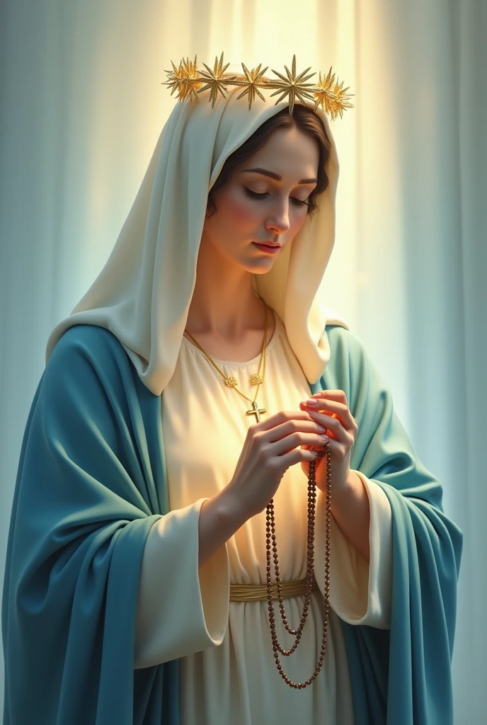 Virgin Mary making a rosary with her own hands, with a crown of stars on his head. Use soft, light color palettes to maintain a sense of tranquility and purity., with touches of blue. Incorporate symbols such as the cross or rosary beads in a subtle way to reinforce the Marian theme.. Keep the design simple and elegant to ensure the logo is easily recognizable and memorable..