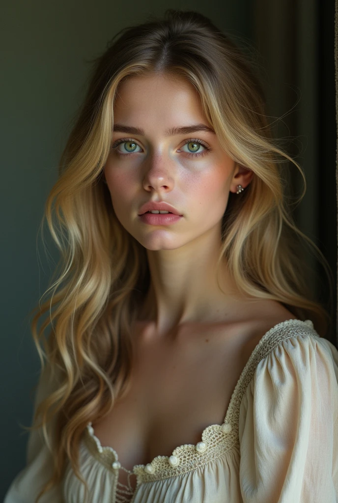 Make a realistic age girl, with long wavy blonde hair, with dark green eyes and with a dress and with a serious face.