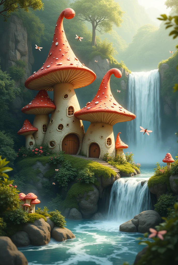 Mushroom houses standing by a waterfall and dragonflies
