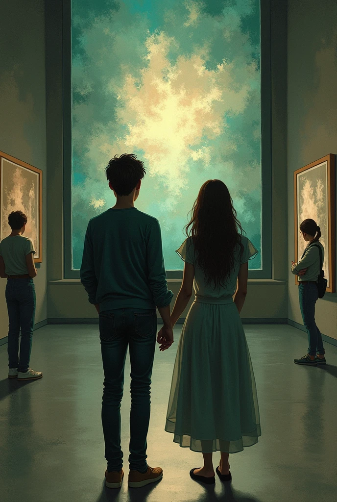 I need a book cover with a woman and a man admiring a work of art in a museum and on the cover it says The Silence of the Storm. I don't want something too realistic. I want brown, black, white, green, cool colors and the title in Portuguese. I want them more young adult, but I loved this one.