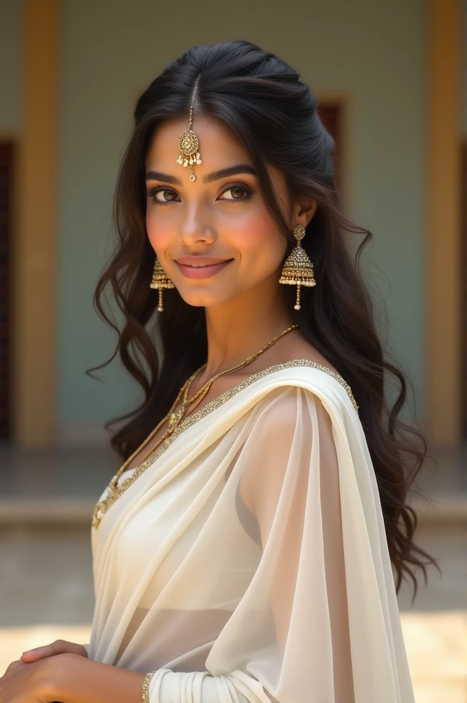 Perfect Indian model lady with kasturi Tilak nice figure white induan classical dress nice smile and her face is very glow and attractive