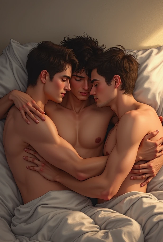 Group of 3 young men hugging each other lying on a bed shirtless