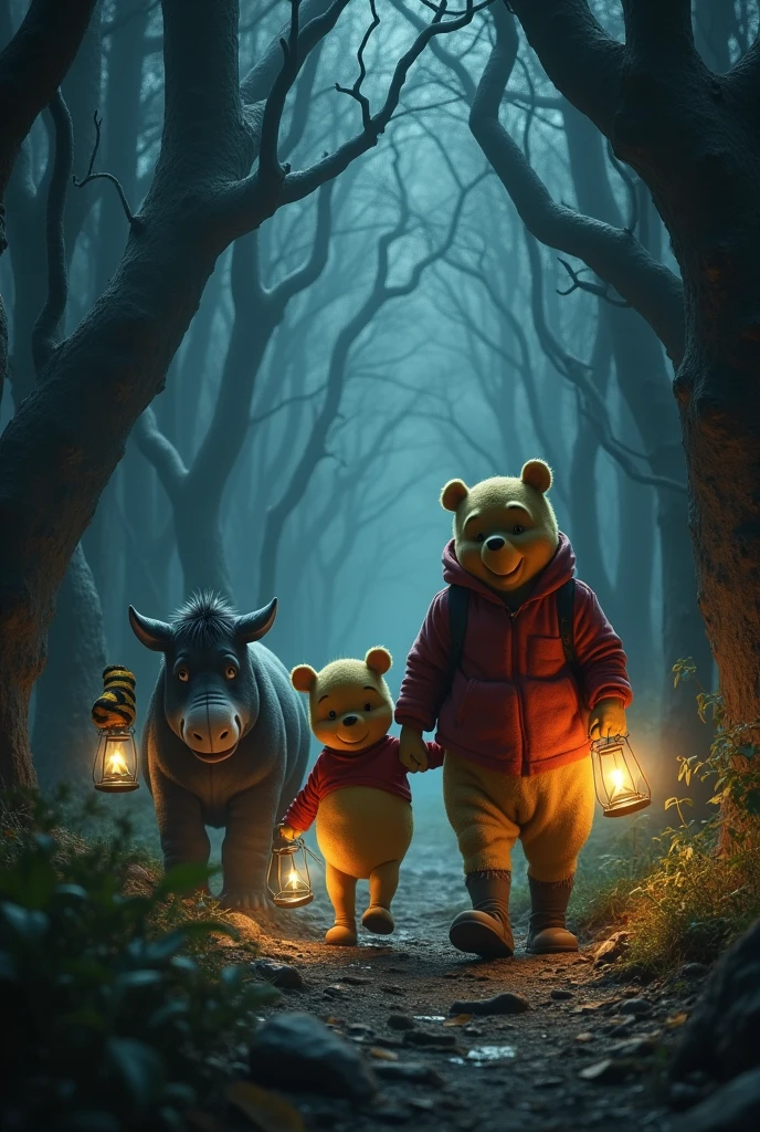 **Four figures in tattered clothing, each clutching a flickering lantern, cautiously navigate the shadowy forest. Christopher leads the way, his face set in a grimace of determination, his eyes fixed on the menacing well ahead. Behind him, Piglet trails with a look of sheer terror, his body trembling uncontrollably. Eeyore, his posture slumped and head hanging low, exudes a palpable sense of dread, while Tigger, despite his usual buoyant demeanor, appears visibly unsettled, his eyes darting nervously. The forest around them is thick with twisted, gnarled trees, and a suffocating mist coils around their feet, obscuring the path and deepening the sense of foreboding. Shadows seem to writhe and move, enhancing the ominous atmosphere as they advance.**