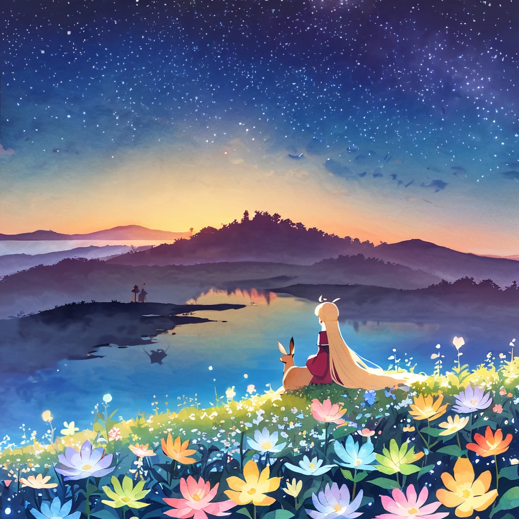 Flower Field, hiking, plateau, spring、fantastic night forest,many kinds of flowers,shining stars,fawn,glowing plants,medieval long dress,(sit in the bushes and look at the lake),mysterious dark night sky,watercolor illustration