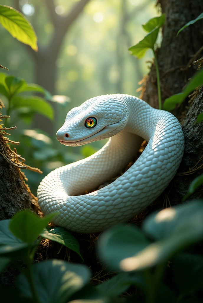Beautiful white snake colorful eyes in jungle