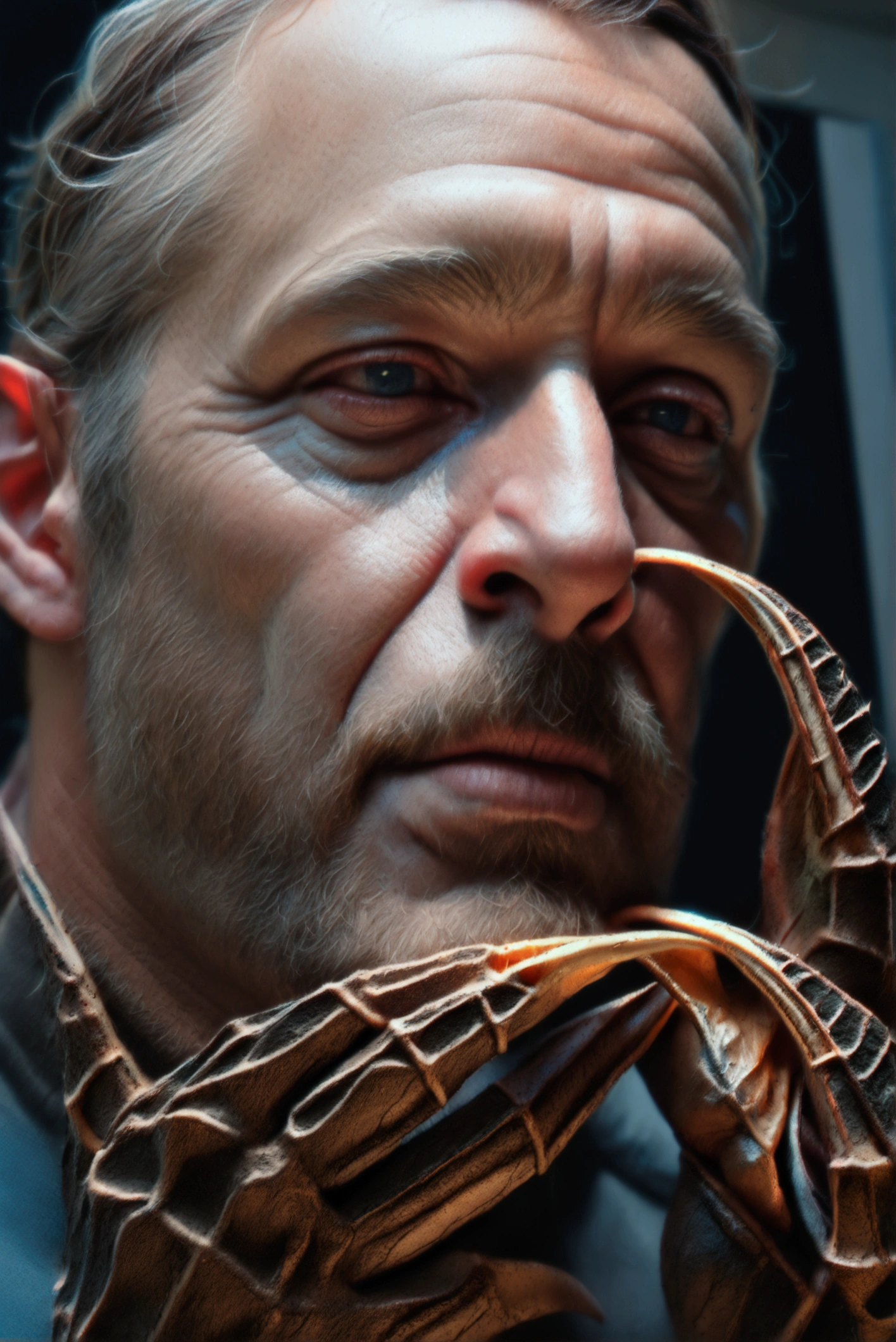 cinematic portrait of a man with scorpion hands, hyper detailed, dramatic lighting, moody colors, dark fantasy, intricate organic textures, sharp focus, 8k, (best quality,4k,8k,highres,masterpiece:1.2),ultra-detailed,(realistic,photorealistic,photo-realistic:1.37)