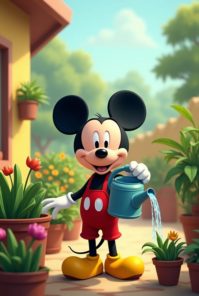 mikey mouse, 2d, watering, watering can, plants, disney style. simple animation