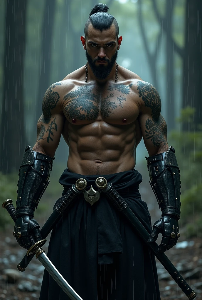 A black samurai, shirtless with a sword and robotic arm 