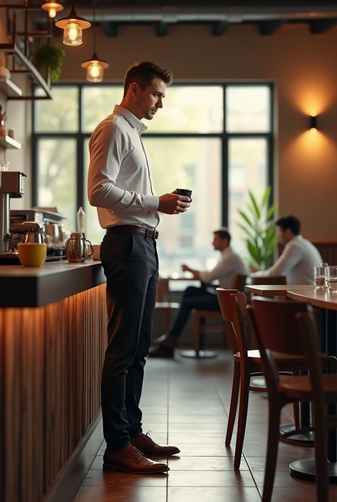 Tall white man ordering coffee