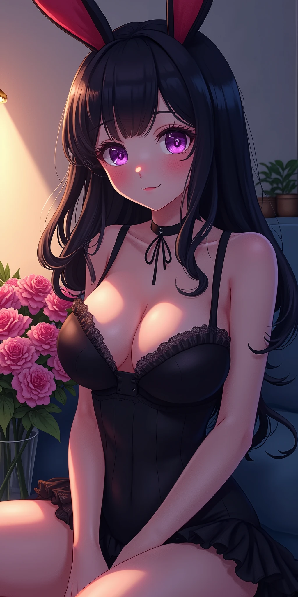 (best quality, ultra-detailed, photorealistic: 1.39), bright and vibrant colors, studio lighting, romantic expression, An effeminate girl, with a delicate and beautiful face. Beautiful and seductive adult women with her big breasts seduces, with her wavy gothic black hair with purple eyes and beautiful smile bunny cosplay, bouquet of flowers, in a pose in the living room, night, manga style, anime features manga style, fully body , she is in love, anime style