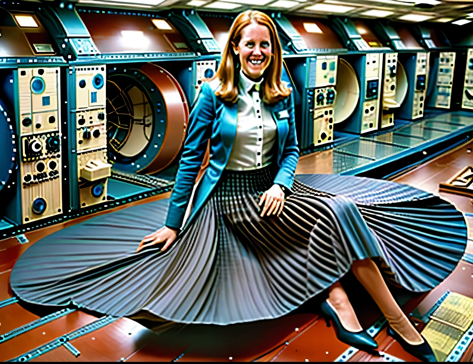 85mm photograph of a Shy, demure, smiling, Compassionate, kind, empathic, long haired, beautiful and attractive woman, Sapphic Space Lesbian Sarah Ferguson is smoothing her skirt, fixing spaceships, exploring space, investigating anomalies, doing scientific R&D, attending council meetings, conducting espionage, conducting archeological excavations, investigating astral rifts, wearing her (long pleated full circle skirt), uniform jacket and (woman's low heel office shoes), (pronounced (feminine) features), (very windy), skirt is flowing wildly in the wind, lesbian space station, sci-fi, skirts in space, loves women wearing skirts, wants to kiss girls, adores skirts, women wearing skirts, empathy, compassion, romance and love, (pronounced (girly) features), (highly detailed ultra accurate realistic) hands and fingers, (windy), epic composition, highly detailed attributes, (35mm f1.4 Kodak portra 400 photograph), extremely high quality RAW photograph, highly detailed atmosphere, sci-fi, cinematic shot, dynamic lighting, 75mm, Technicolor, Panavision, cinemascope, sharp focus, fine details, 8k, HDR, realism, realistic, key visual, film still, superb cinematic color grading, depth of field
