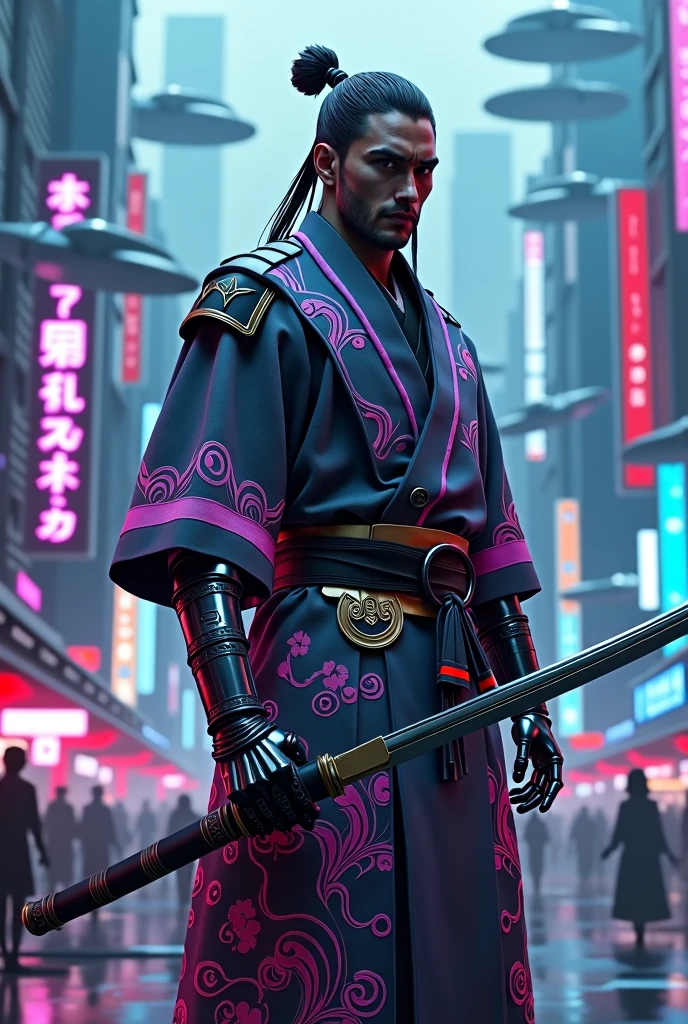 A samurai wearing a kimono and a katana, with a robotic arm