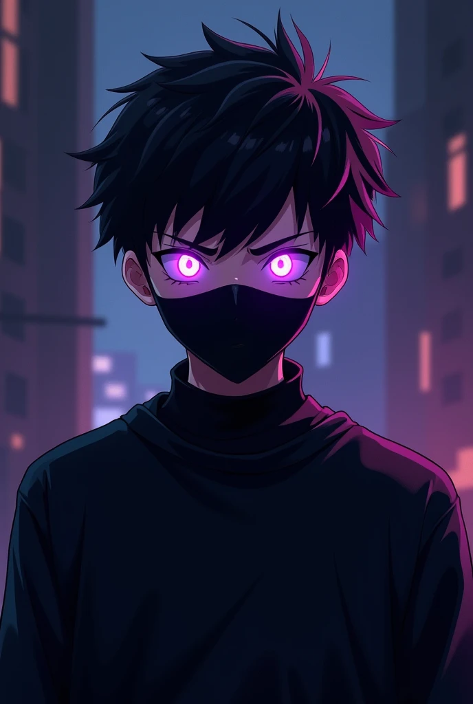 YouTube banner pro , 19 year old boy with purple glowing eyes and slightly spiky hair with an evil and intimidating look with a black sweatshirt and a black mask covering his nose and mouth , 2D Anime .

