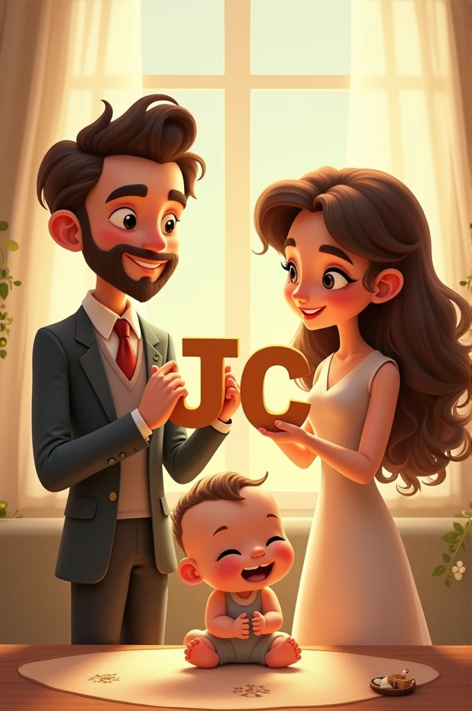 An image of a man holding the letter J, a woman holding the letter C, and a baby holding the letter F.