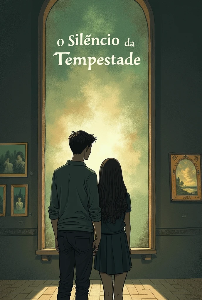 I need a book cover with a woman and a man admiring a work of art in a museum and on the cover it says The Silence of the Storm. I don&#39;t want something too realistic. I want brown, black, white, green, cool colors and the title in Portuguese. I want them more young adult, but I loved this one. 