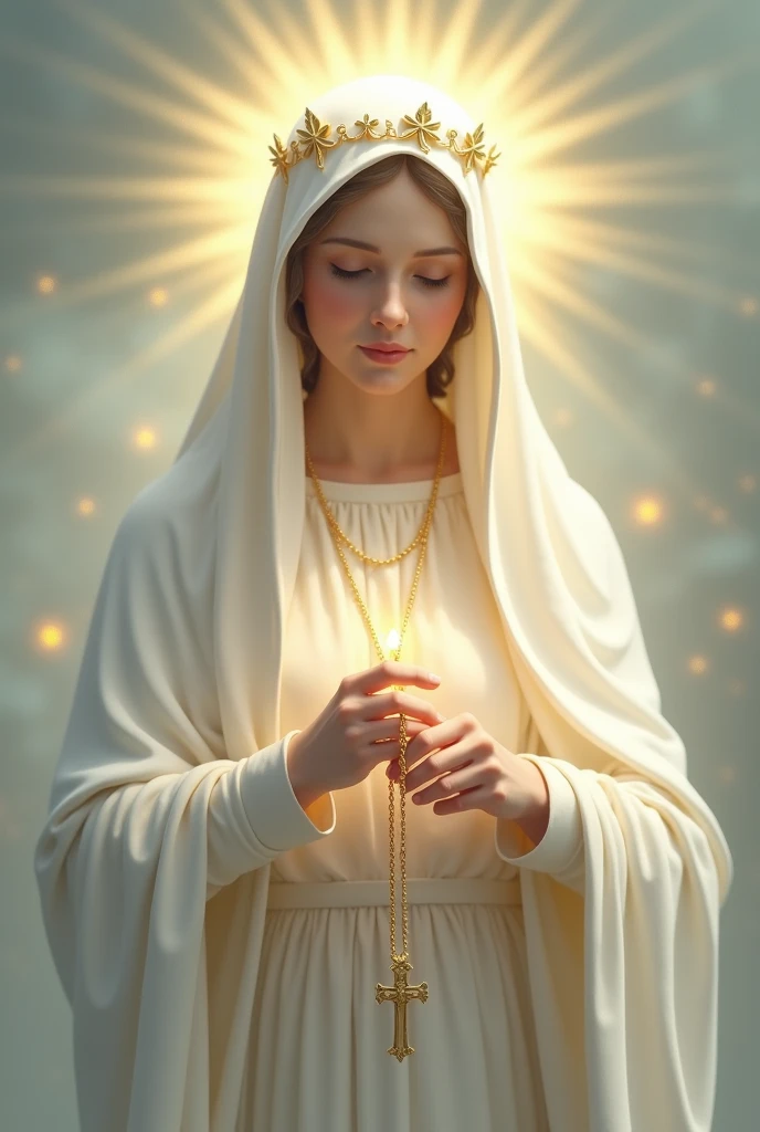 Virgin Mary making a rosary with her own hands, with a crown of stars on his head. Use soft, light color palettes to maintain a sense of tranquility and purity..  Incorporate symbols such as the cross or rosary beads in a subtle way to reinforce the Marian theme.. Keep the design simple and elegant to ensure the logo is easily recognizable and memorable..


