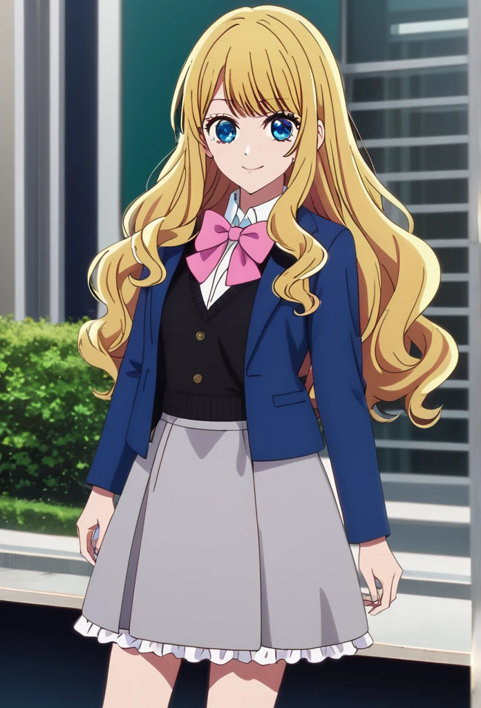 oshi_no_ko_style,blonde,sidecurls,fringe bangs,blue eyes,long eyelashes,cowboyshot,standing,soft smile,long hair,masterpiece,highres,absurdres,ojou curls,(BOW, SCHOOL UNIFORM, JACKET, BOWTIE, PINK BOW, GREY SKIRT, BLUE JACKET, OPEN JACKET, SHIRT, GREY SKIRT, WHITE SHIRT, LONG SLEEVES,solo, ruffled bow, extremely detailed,a-line skirt,knee length skirt,detailed eyes,black vest underneath jacket)