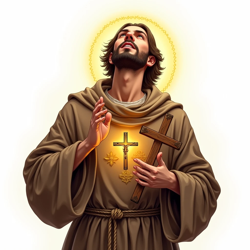 (melhor qualidade), obra de arte, ilustração extremamente detalhada do uniforme CG 8K, cor alta, extremely cor alta saturation, Create an image of Saint Francis of isi. He is represented with a partially bald head, but still with hair on the sides, and on the right a small crucifix in a posture of devotion. of very high quality in a white setting, wearing a simple brown habit with a rope belt with three knots. His hands display stigmata. He is portrayed in a moment of prayerful ecsolding a small wooden cross. Includes intricate golden details highlighting his aura and spiritual glow, with delicate golden details throughout the scene to enhance the divine connection generated image of Saint Francis of Assisi witolden details, white PNG background and no animals around.
