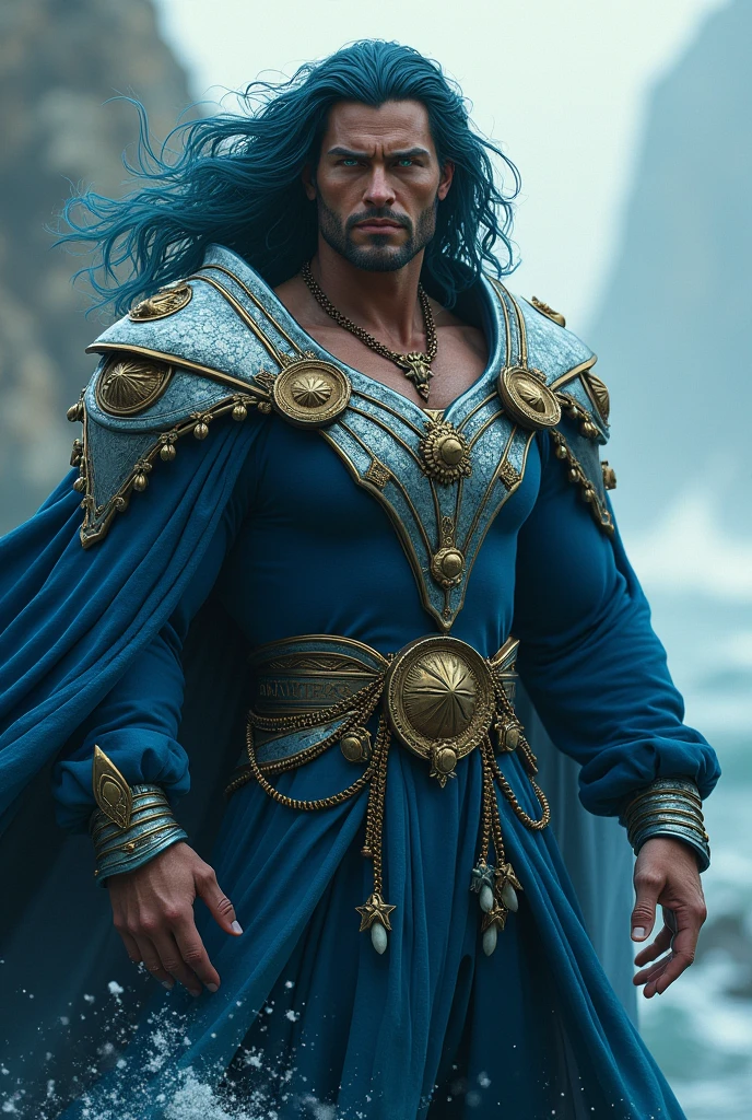 A 34-year-old man with a robust and dominant appearance, with long, wavy hair in a navy blue shade that seems to flow like the waves of the sea. His eyes are a deep green, reflecting the depth of the oceans it governs. He wears a blue and silver robe, adorned with shells and maritime symbols. His physique is imposing, with broad shoulders and a posture that conveys the power and strength of the waters.