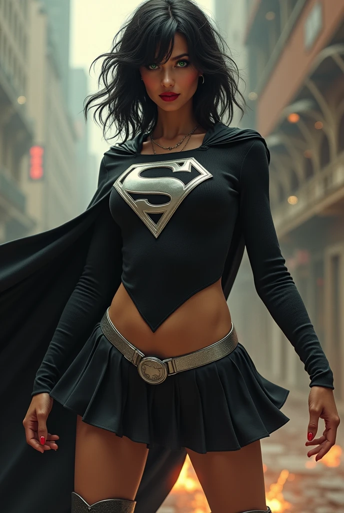 A BUSTY SEXY FEMALE WITH MEDIUM LONG MESSY BLACK HAIR, DREAMY GREEN EYES, WEARING A ONE PIECE BLACK SUPERGIRL TOP WITH A BIG SHINY SILVER "S" EMBLEM ON HER CHEST, A PLEATED SHORT BLACK SKIRT WITH A SILVER LEATHER BELT, LONG BLACK BOOTS WITH SILVER TRIM, AND A LONG BLACK CAPE. RED LIPSTICK, RED FINGERNAILS. INCREDIBLY DETAILED GLOWING SKIN, INCREDIBLEY DETAILED FACE, INCREDIDBLEY DETAILED CLOTHING, TEXTURED SKIN PORES, TEXTURED HAIR, 8K ABSURD RESOLUTION, MASTERPIECE. PHOTO REALSITIC, HYPER REALISTIC. CHAOTIC BACKGROUND. 16K RESOLUTION. PREFESSIONAL GRADE IMAGE.