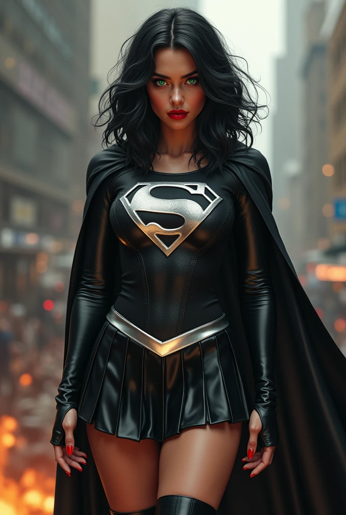 A BUSTY SEXY FEMALE WITH MEDIUM LONG MESSY BLACK HAIR, DREAMY GREEN EYES, WEARING A ONE PIECE BLACK SUPERGIRL TOP WITH A BIG SHINY SILVER "S" EMBLEM ON HER CHEST, A PLEATED SHORT BLACK SKIRT WITH A SILVER LEATHER BELT, LONG BLACK BOOTS WITH SILVER TRIM, AND A LONG BLACK CAPE. RED LIPSTICK, RED FINGERNAILS. INCREDIBLY DETAILED GLOWING SKIN, INCREDIBLEY DETAILED FACE, INCREDIDBLEY DETAILED CLOTHING, TEXTURED SKIN PORES, TEXTURED HAIR, 8K ABSURD RESOLUTION, MASTERPIECE. PHOTO REALSITIC, HYPER REALISTIC. CHAOTIC BACKGROUND. 16K RESOLUTION. PREFESSIONAL GRADE IMAGE.
