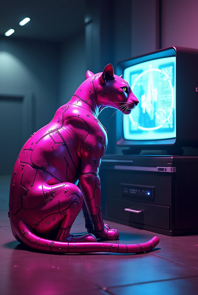 A pink electronic panther watching television but showing the television screen 
